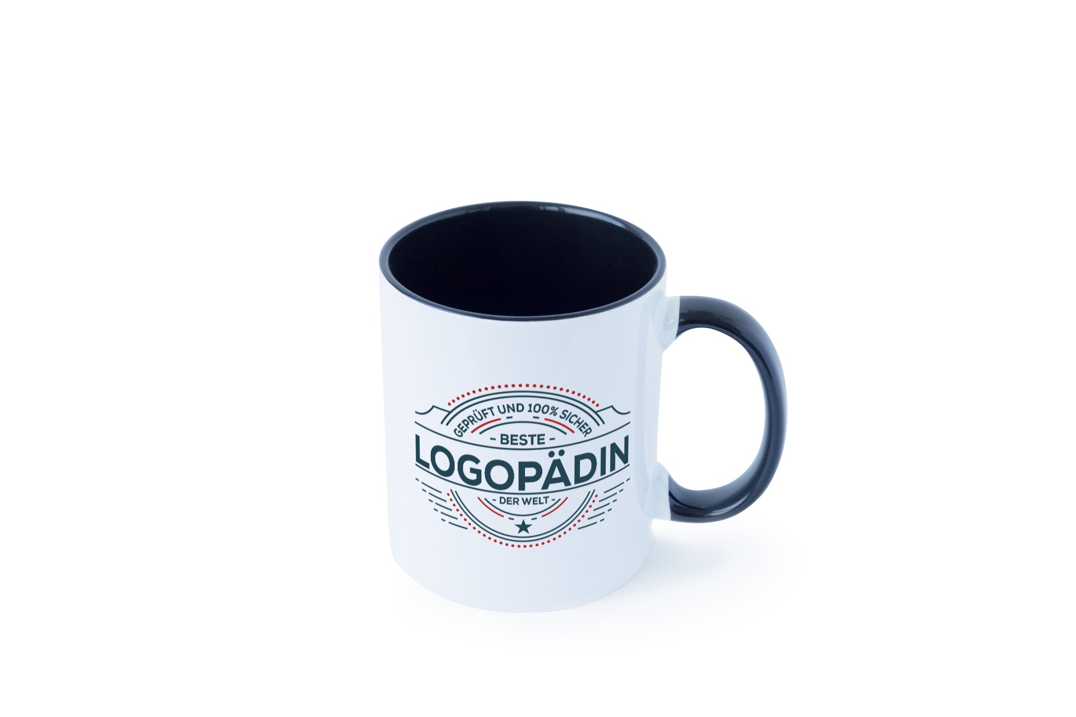 Geprüft und sicher: Logopädin | Sprachtherapie Tasse Weiß - Schwarz - Kaffeetasse / Geschenk / Familie