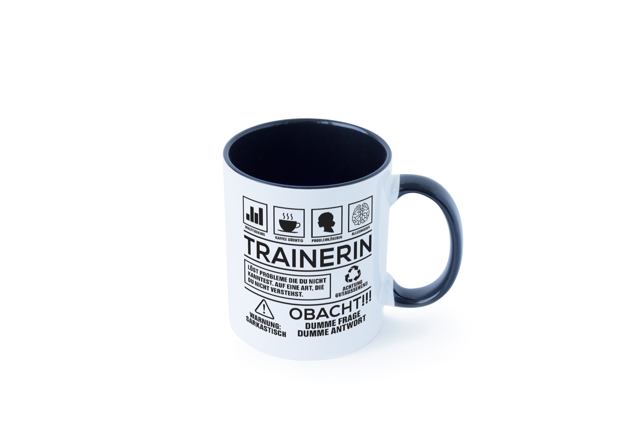 Achtung Probleme Trainerin | Sportverein | Humor Tasse Weiß - Schwarz - Kaffeetasse / Geschenk / Familie