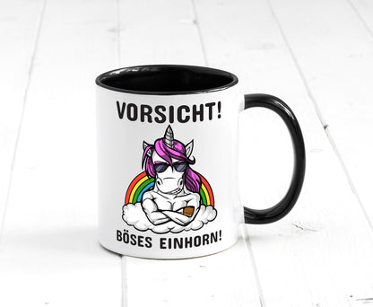 Vorsicht! Böses Einhorn | Spruchtasse | mit Motiv Tasse Weiß - Schwarz - Kaffeetasse / Geschenk / Familie