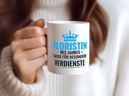 Besonderer Verdienst: Floristin | Blumen Verkäuferin - Tasse Weiß - Kaffeetasse / Geschenk / Familie