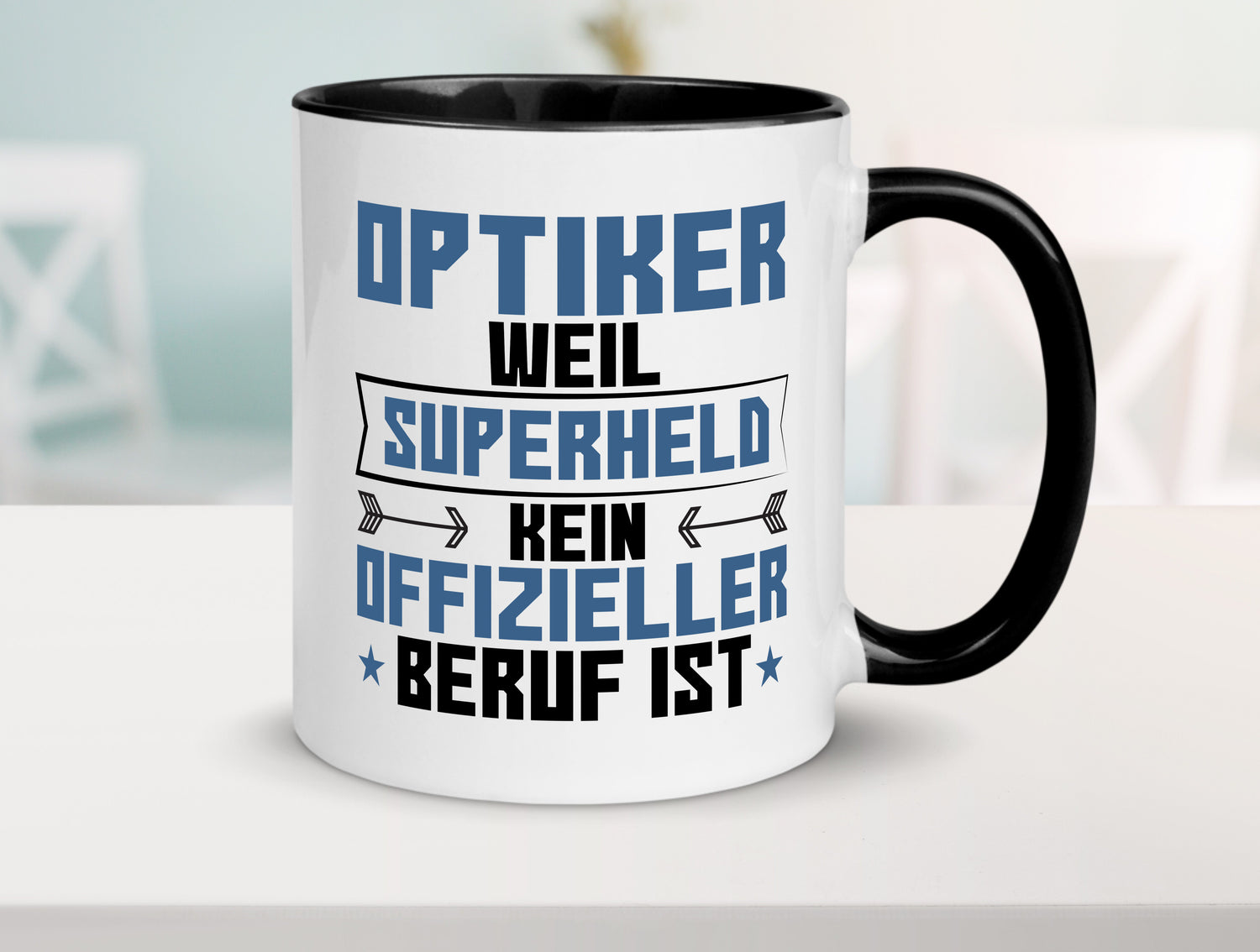 Superheld Optiker | Augenoptiker Tasse Weiß - Schwarz - Kaffeetasse / Geschenk / Familie