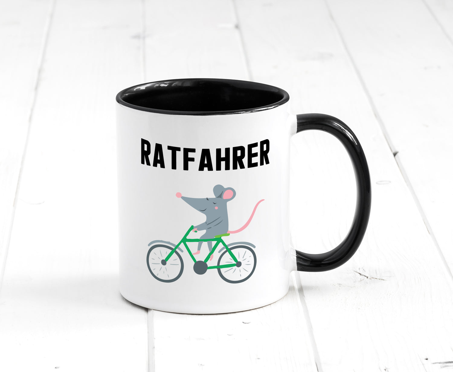 Ratfahrer Motiv | Radfahrer Tasse | Ratte | lustig Tasse Weiß - Schwarz - Kaffeetasse / Geschenk / Familie