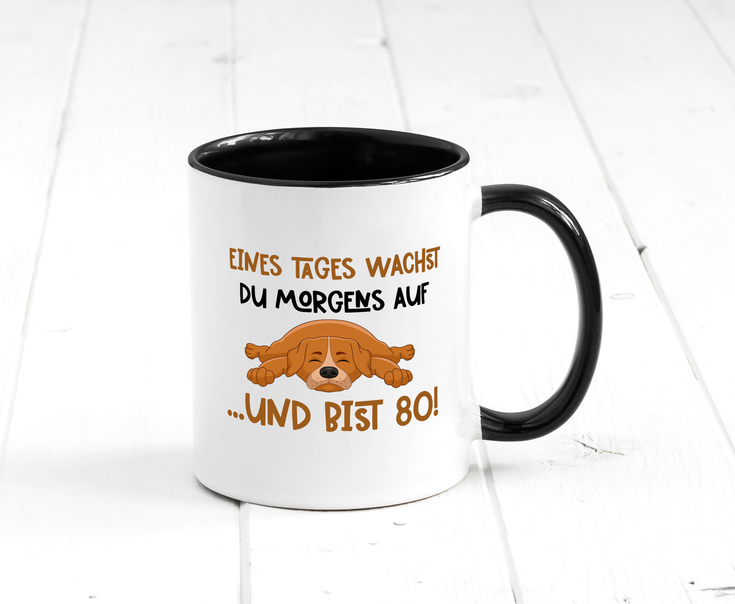 80 Jahre | witzige Spruchtasse | Hund | Geburtstag Tasse Weiß - Schwarz - Kaffeetasse / Geschenk / Familie