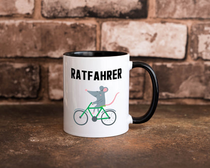 Ratfahrer Motiv | Radfahrer Tasse | Ratte | lustig Tasse Weiß - Schwarz - Kaffeetasse / Geschenk / Familie