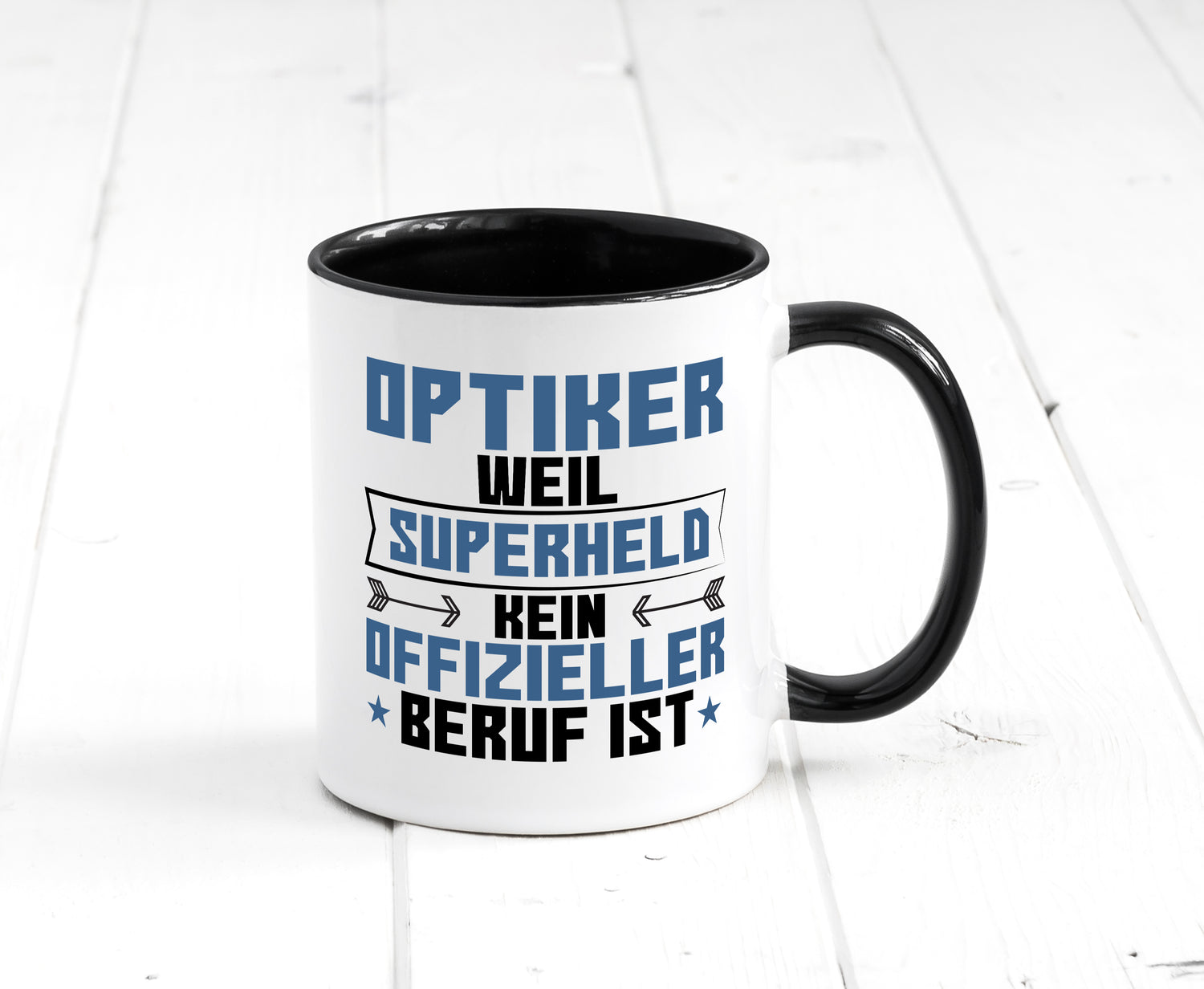 Superheld Optiker | Augenoptiker Tasse Weiß - Schwarz - Kaffeetasse / Geschenk / Familie