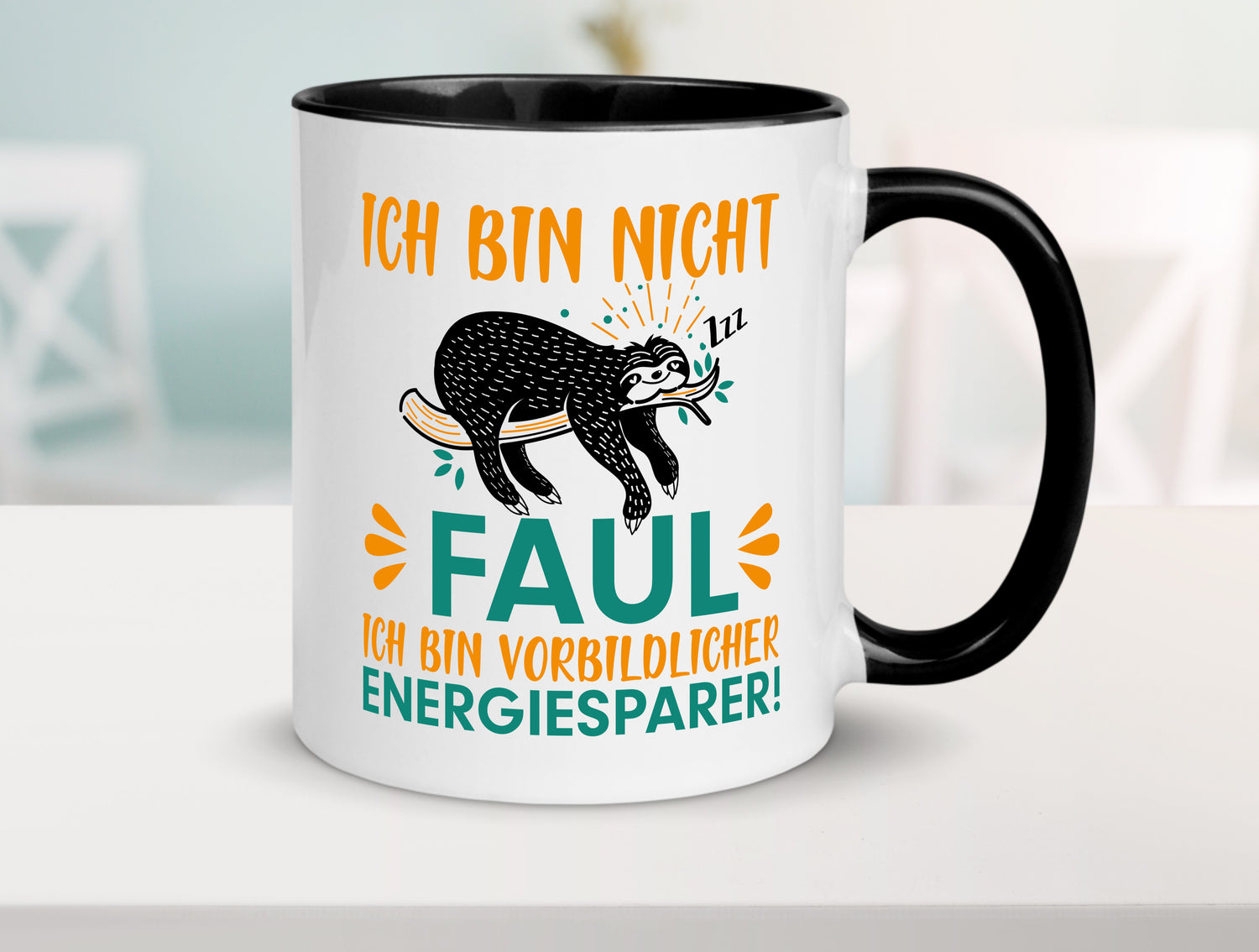 Fauler Energiesparer | Faultier Tasse | Faulpelz Humor Tasse Weiß - Schwarz - Kaffeetasse / Geschenk / Familie