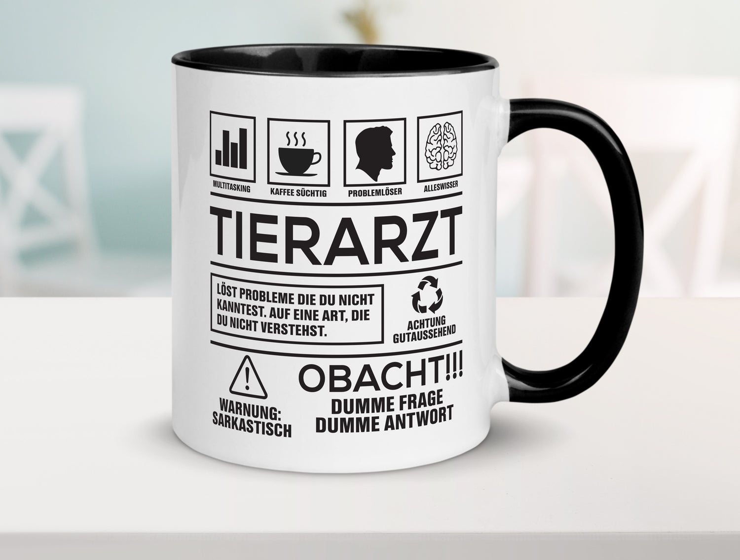 Achtung Probleme Tierarzt | Tiermedizin | Mediziner Tasse Weiß - Schwarz - Kaffeetasse / Geschenk / Familie