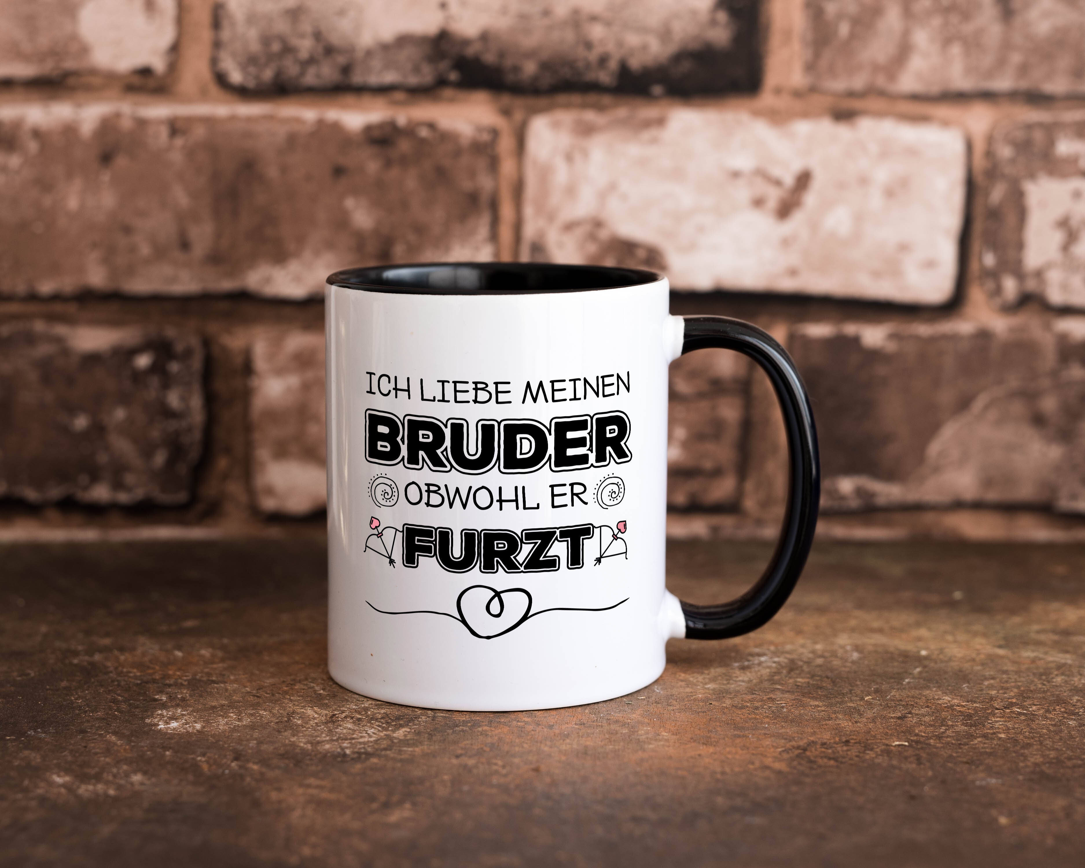 Ich liebe meinen Bruder | Furz | Geschwister Statement Tasse Weiß - Schwarz - Kaffeetasse / Geschenk / Familie