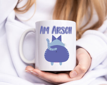 Am Arsch | Katzenmotiv Tasse | Kollege | Katzenbesitzer - Tasse Weiß - Kaffeetasse / Geschenk / Familie