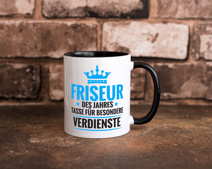 Besonderer Verdienst: Friseur | Frisör Tasse Weiß - Schwarz - Kaffeetasse / Geschenk / Familie