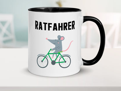 Ratfahrer Motiv | Radfahrer Tasse | Ratte | lustig Tasse Weiß - Schwarz - Kaffeetasse / Geschenk / Familie