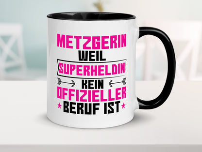 Superheldin Metzgerin | Fleischerin Tasse Weiß - Schwarz - Kaffeetasse / Geschenk / Familie