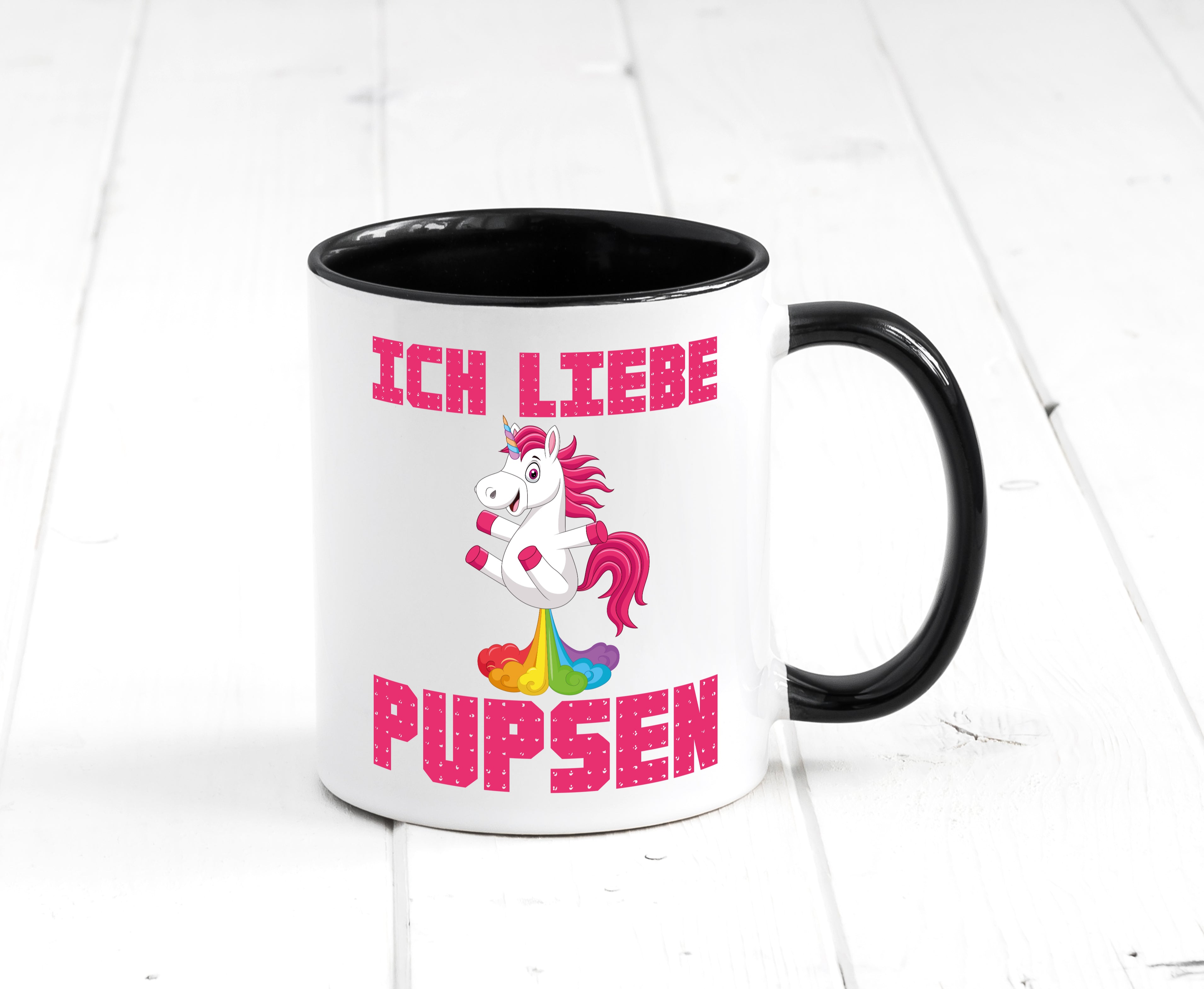 Ich liebe pupsen | Einhorn Pups | lustiger Spruch Tasse Weiß - Schwarz - Kaffeetasse / Geschenk / Familie