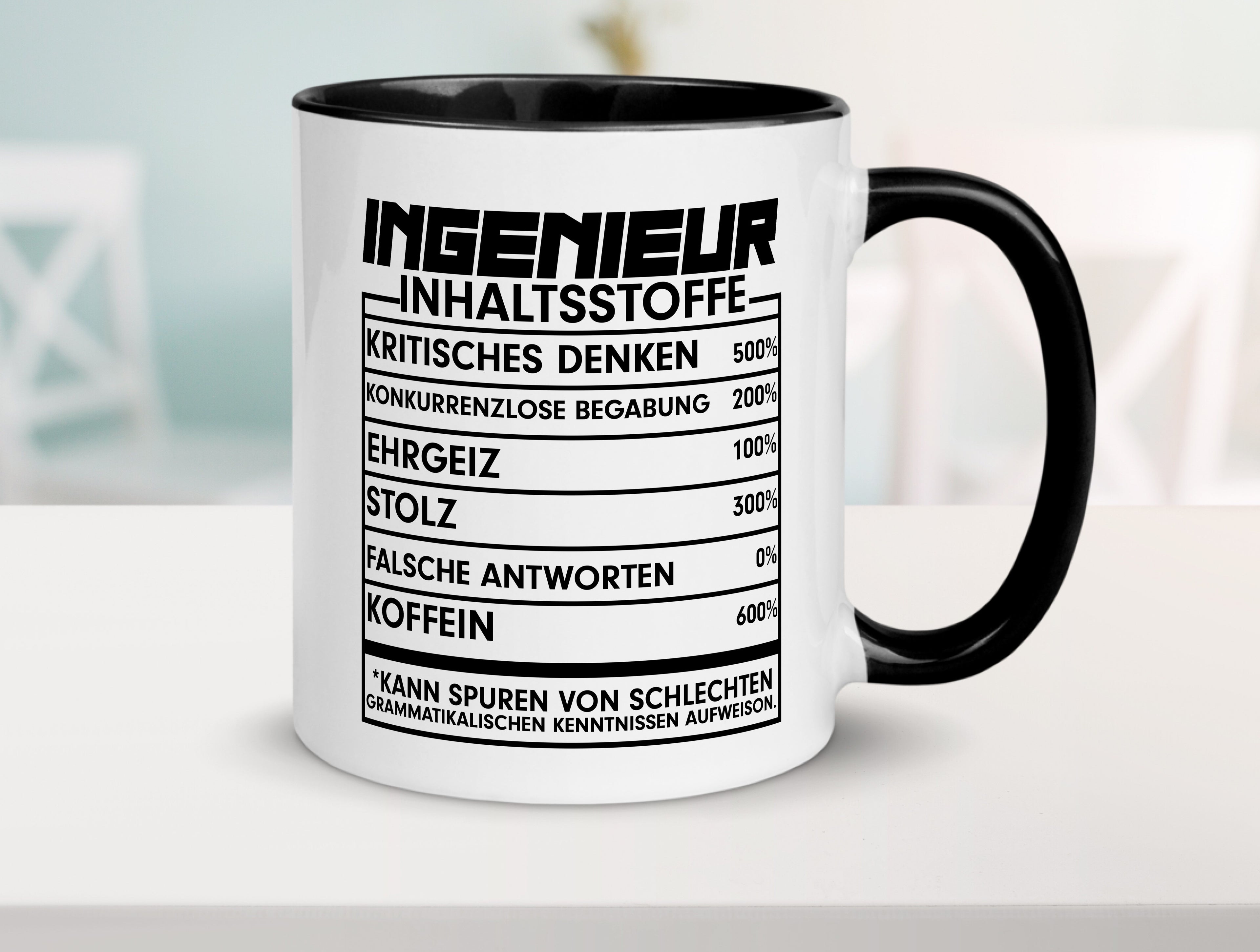 Ingenieur | Beruf Tasse | Inhaltsstoffe | lustig Tasse Weiß - Schwarz - Kaffeetasse / Geschenk / Familie