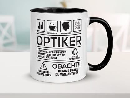 Achtung Probleme Optiker | Augenoptiker Tasse Weiß - Schwarz - Kaffeetasse / Geschenk / Familie