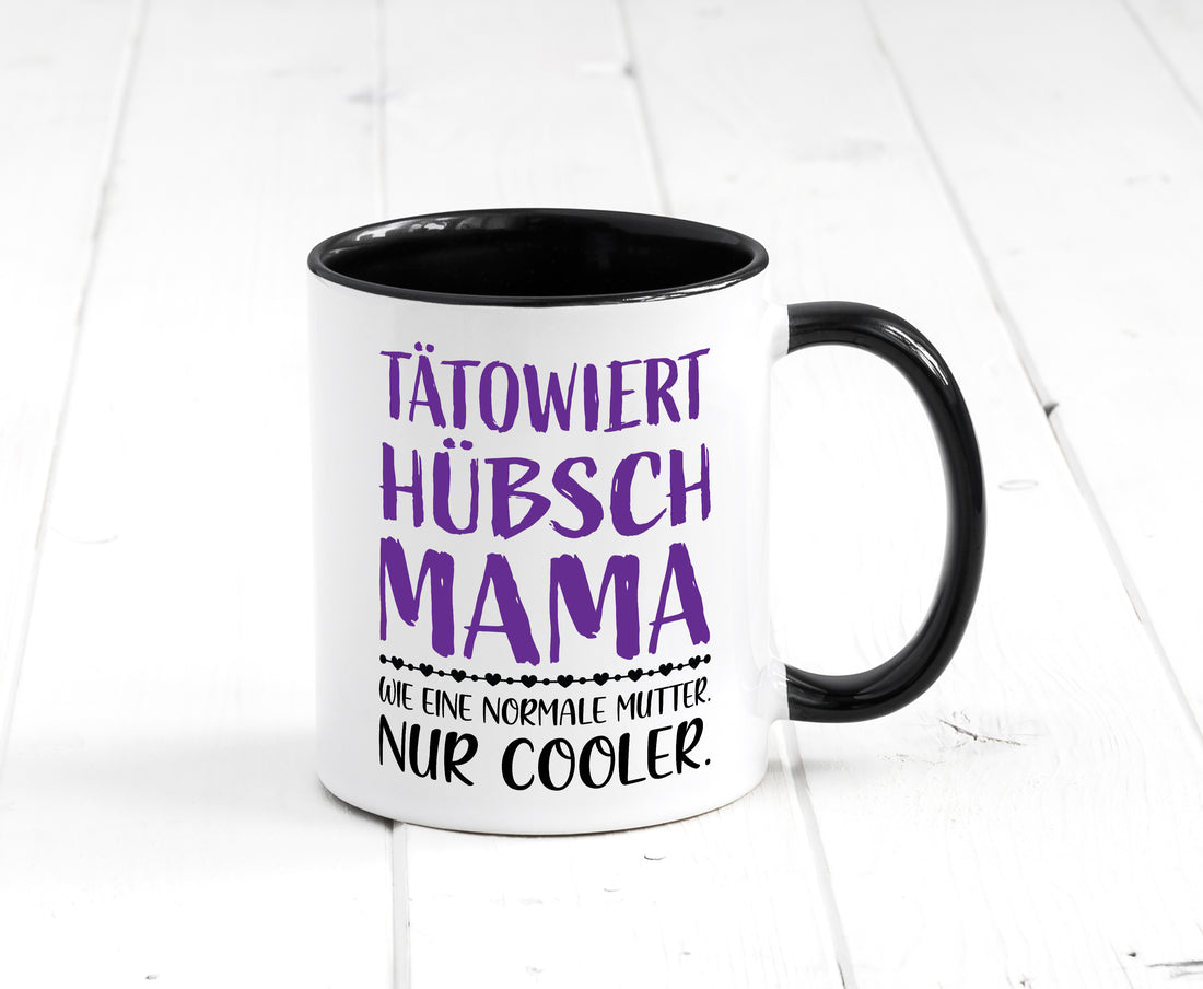 Tätowiert Mama hübsch, cool | Herzen Tasse Weiß - Schwarz - Kaffeetasse / Geschenk / Familie