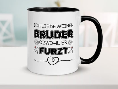 Ich liebe meinen Bruder | Furz | Geschwister Statement Tasse Weiß - Schwarz - Kaffeetasse / Geschenk / Familie