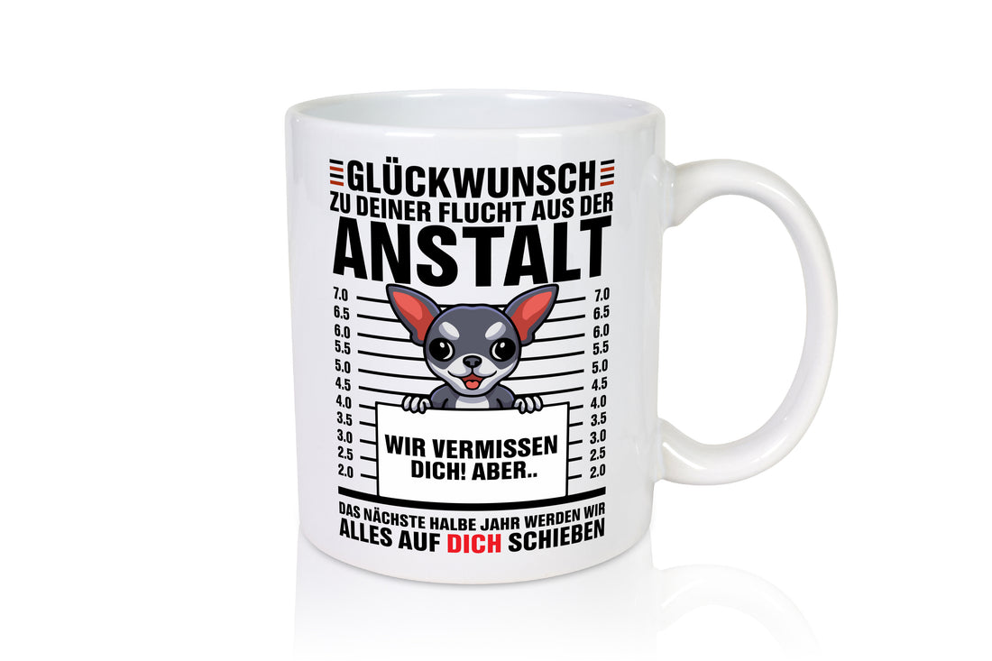 Glückwunsch zur Flucht | Abschied | Arbeitskollegen - Tasse Weiß - Kaffeetasse / Geschenk / Familie