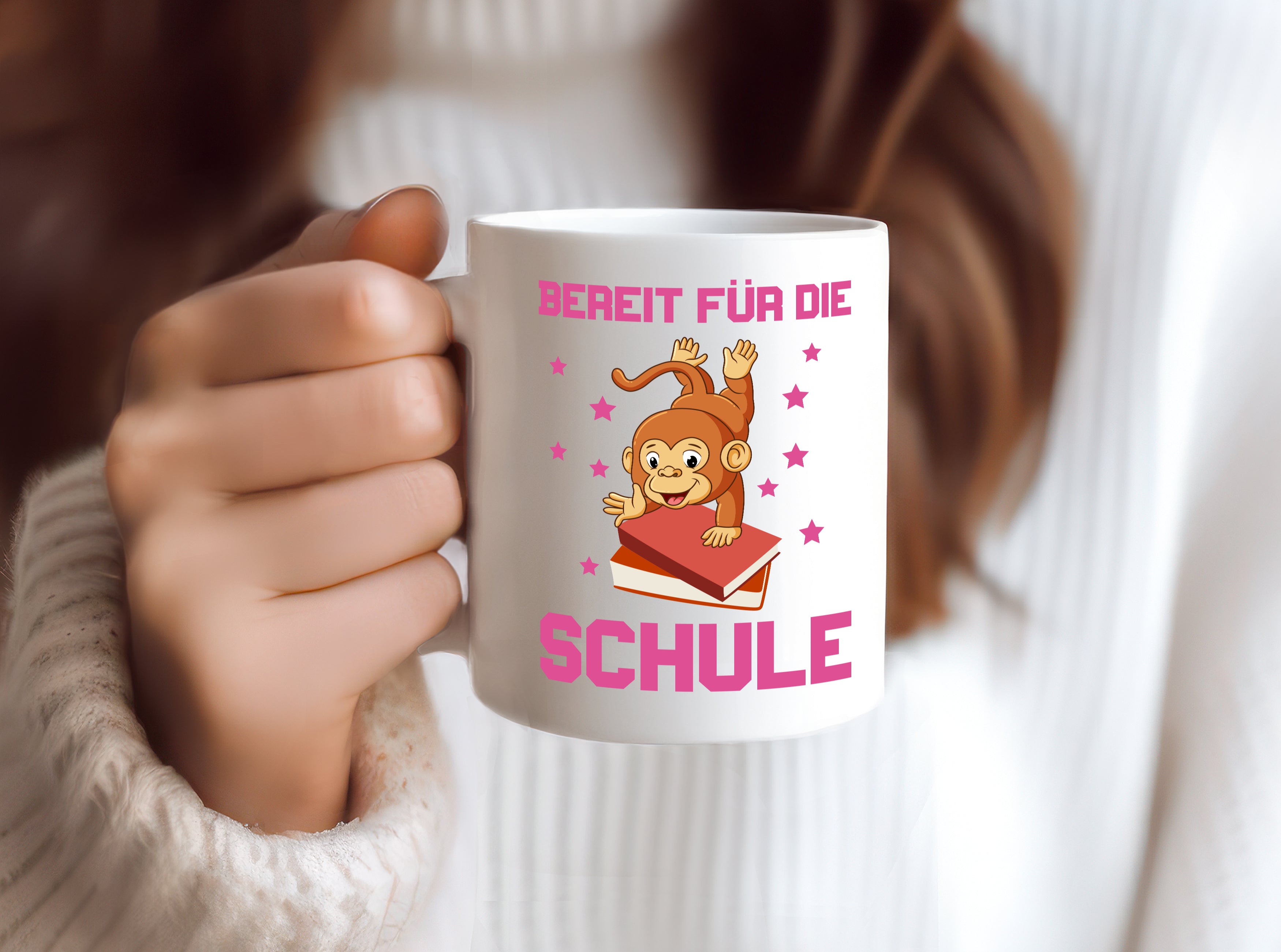 Bereit für die Schule | Einschulung | Sterne | Affe - Tasse Weiß - Kaffeetasse / Geschenk / Familie