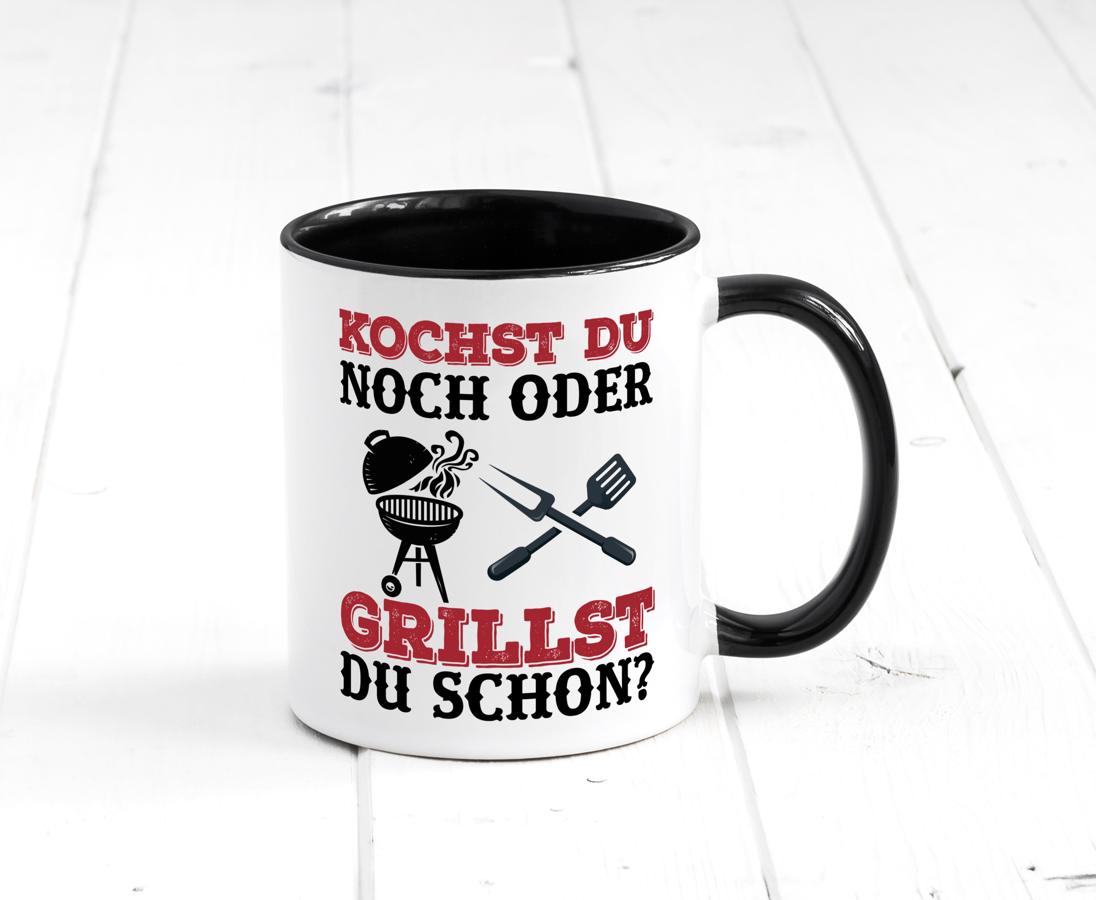 Grillst du schon? | Spruch Tasse | Grillen | Männer Tasse Weiß - Schwarz - Kaffeetasse / Geschenk / Familie