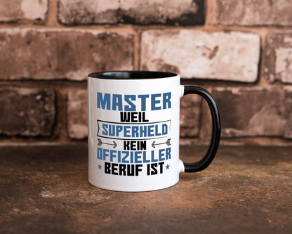 Superheld Master | Universität | Student Tasse Weiß - Schwarz - Kaffeetasse / Geschenk / Familie