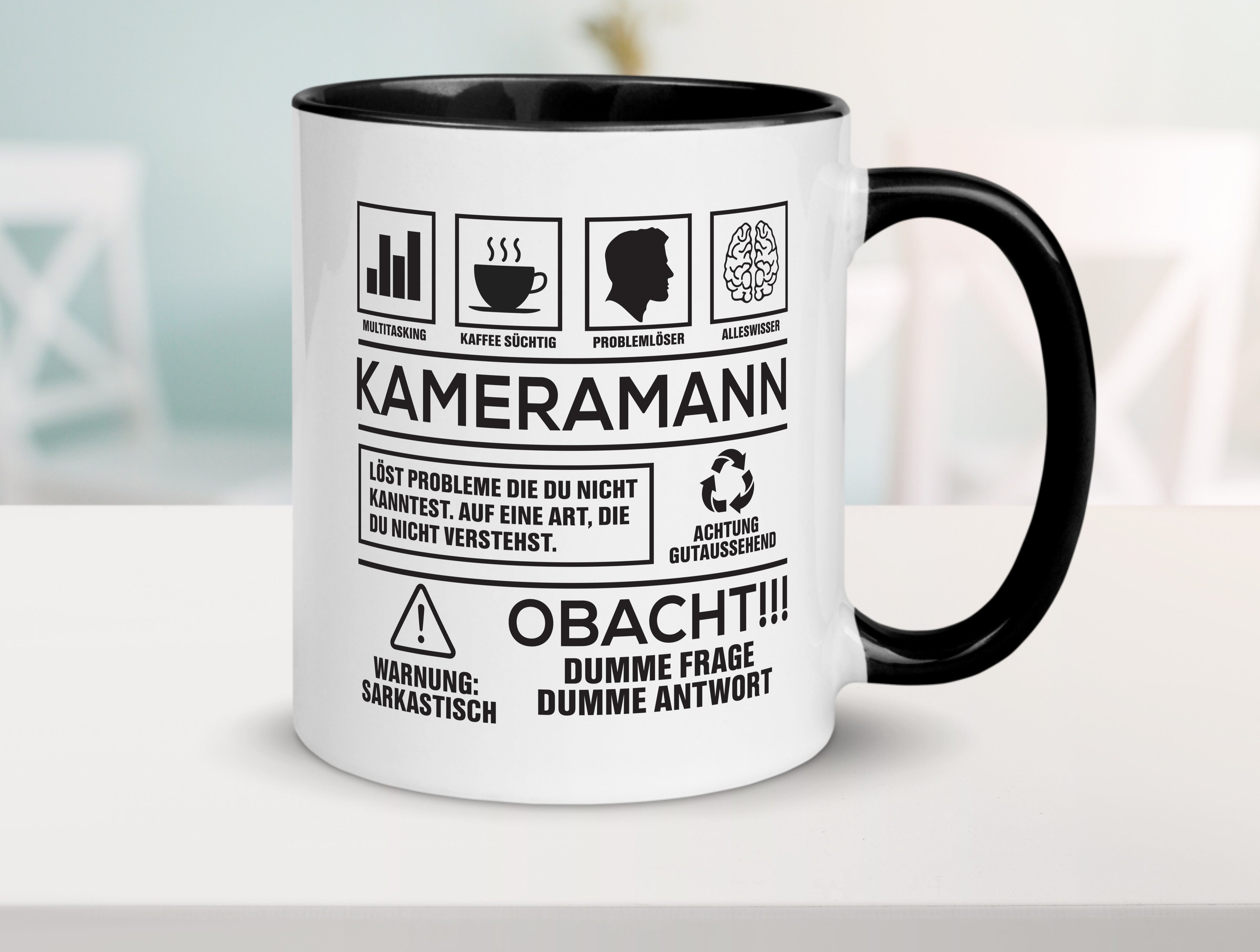 Achtung Probleme Kameramann | Kamera Tasse Weiß - Schwarz - Kaffeetasse / Geschenk / Familie