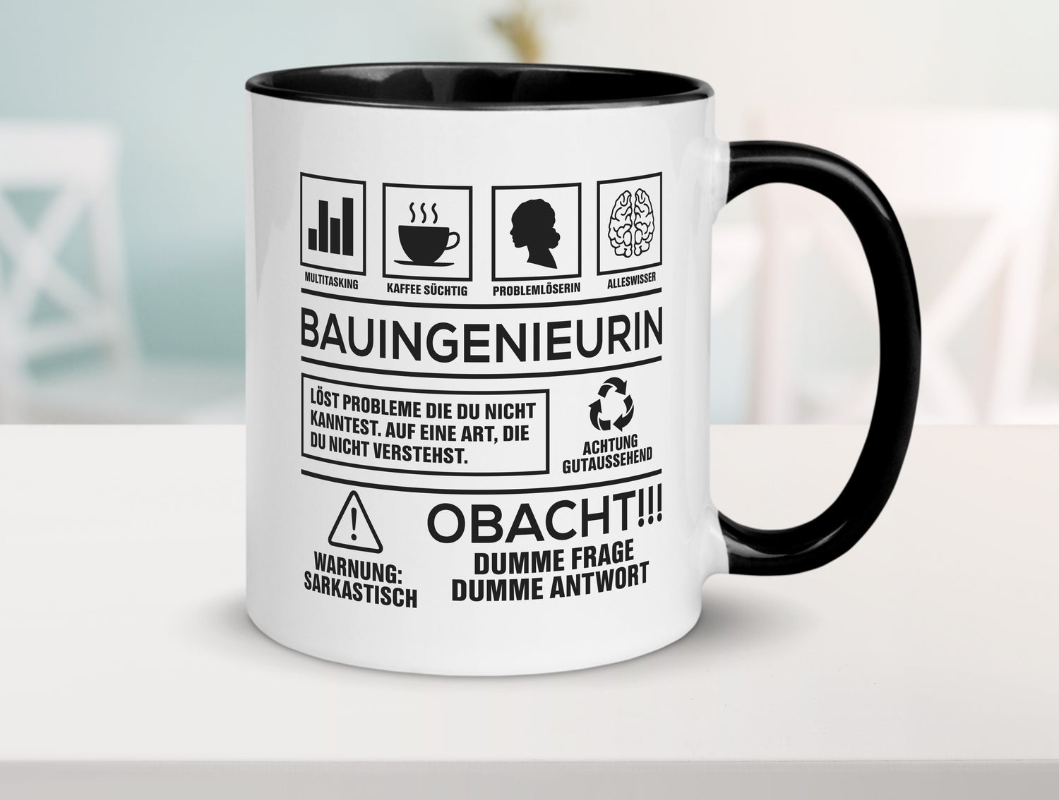 Achtung Probleme Bauingenieurin | Ingenieurin Tasse Weiß - Schwarz - Kaffeetasse / Geschenk / Familie