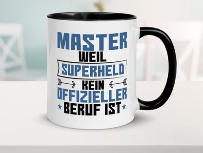 Superheld Master | Universität | Student Tasse Weiß - Schwarz - Kaffeetasse / Geschenk / Familie