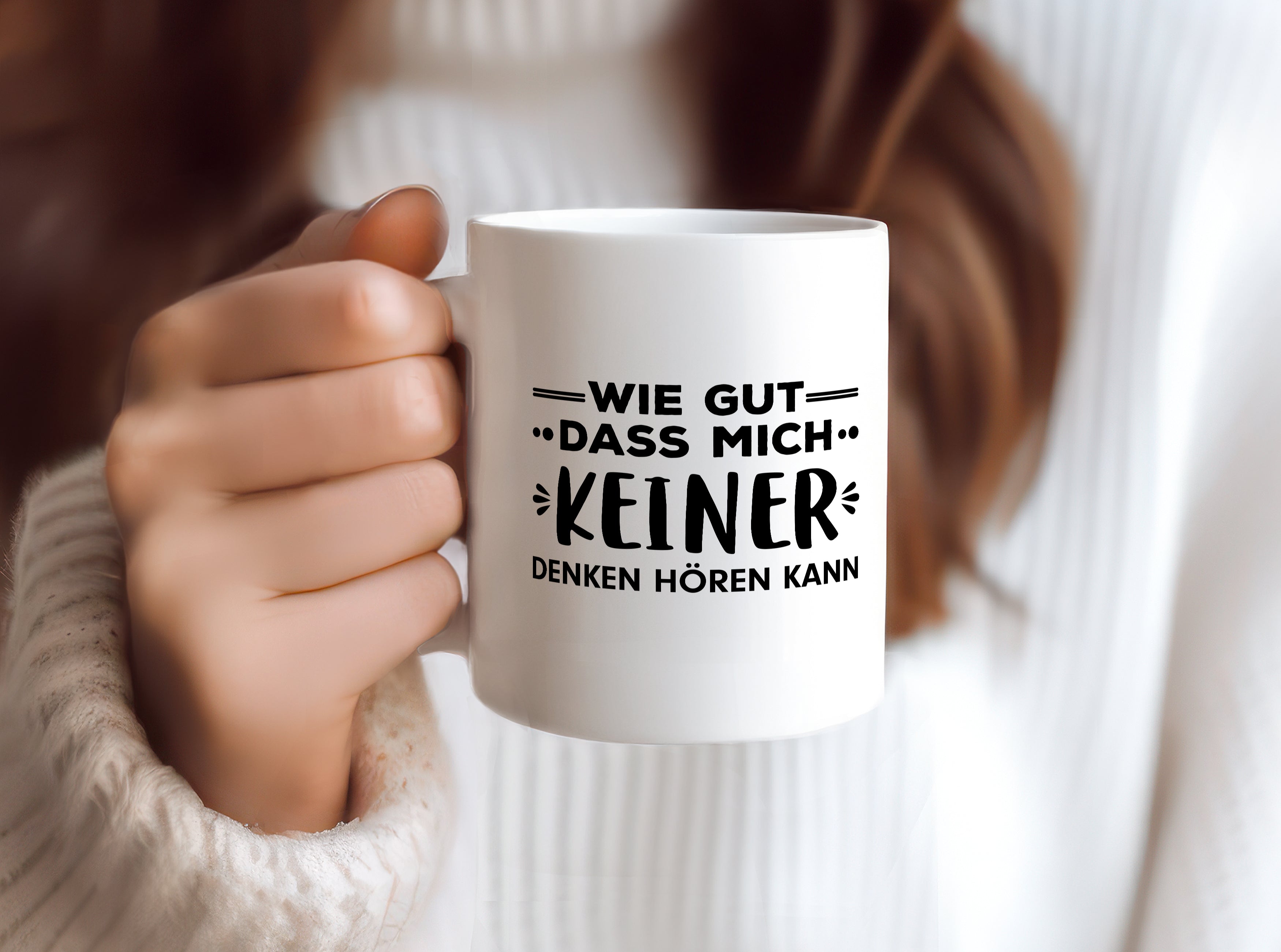 Denken Hören | Gedanken Tasse | lustiger Spruch - Tasse Weiß - Kaffeetasse / Geschenk / Familie