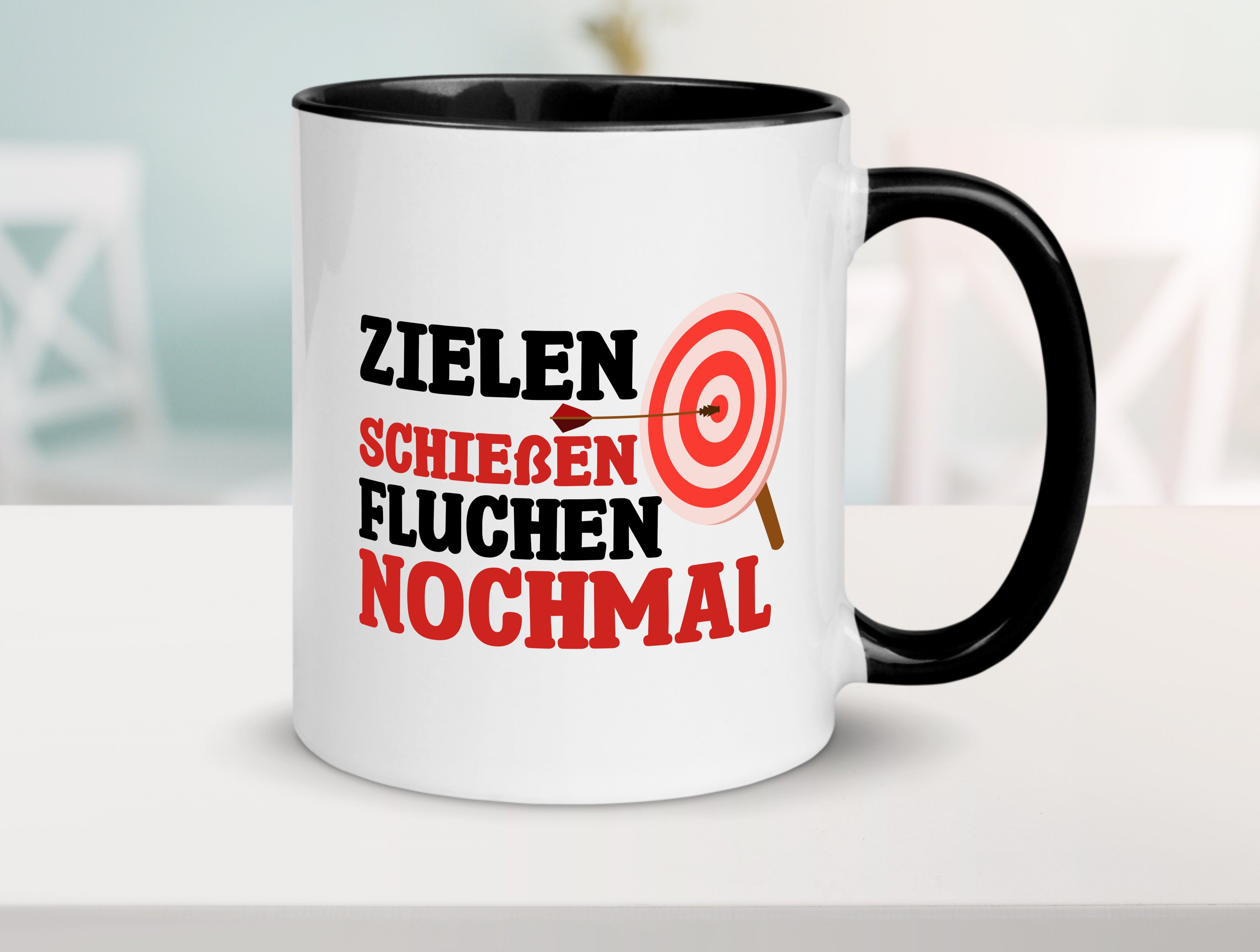 Zielen Schießen fluchen nochmal | Bogenschießen Tasse Weiß - Schwarz - Kaffeetasse / Geschenk / Familie