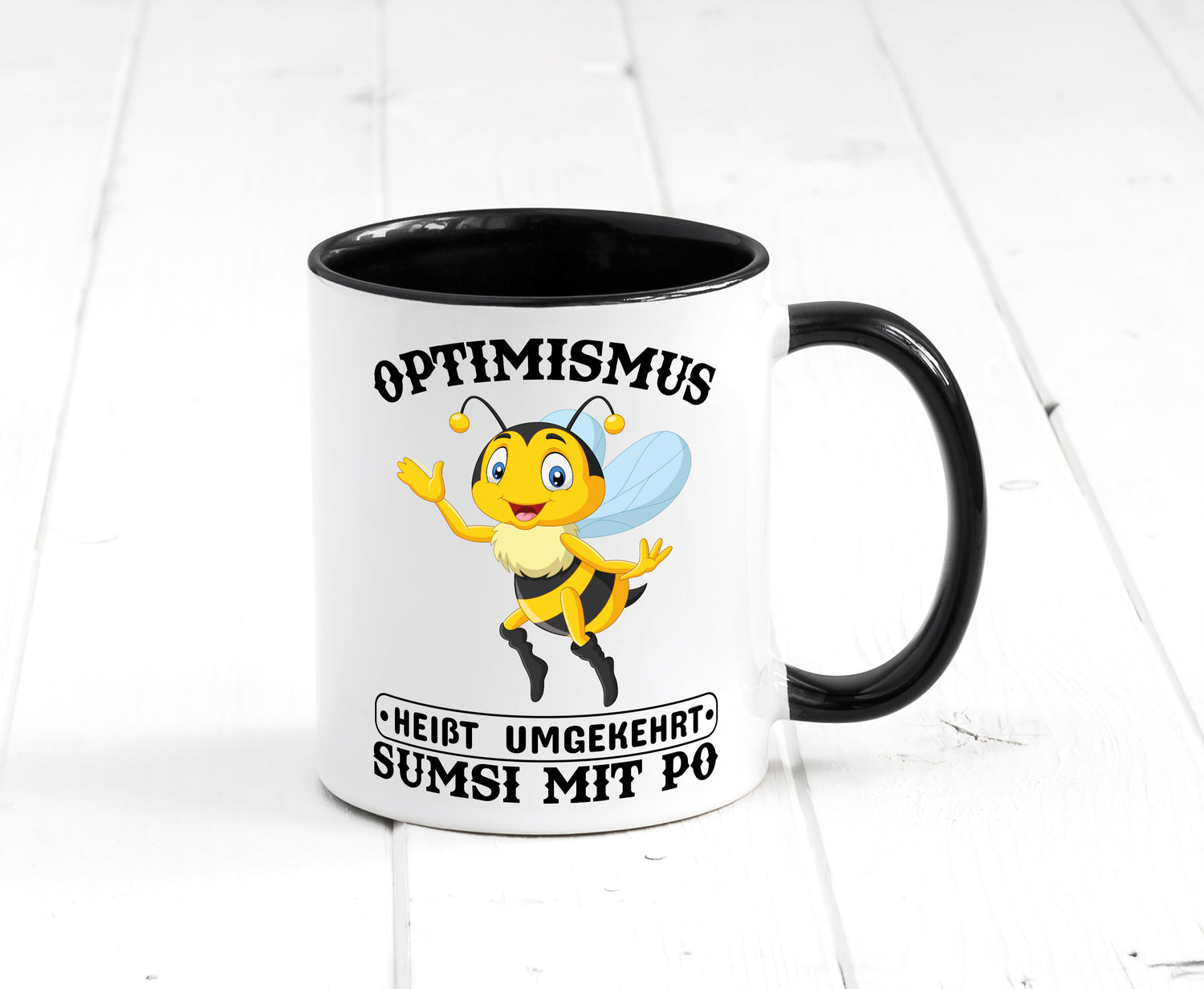 Optimismus umgekehrt Tasse Weiß - Schwarz - Kaffeetasse / Geschenk / Familie