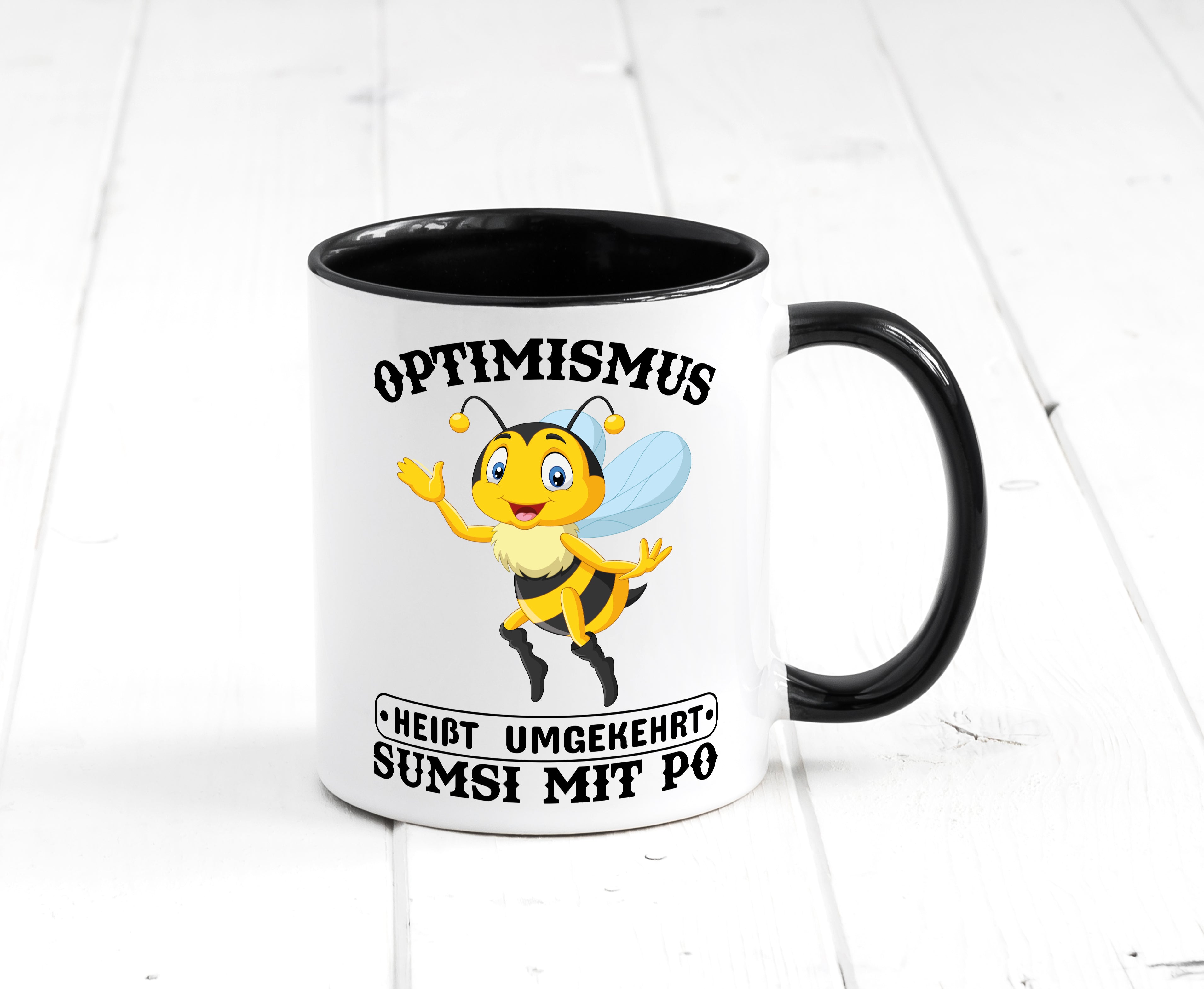 Optimismus umgekehrt Tasse Weiß - Schwarz - Kaffeetasse / Geschenk / Familie