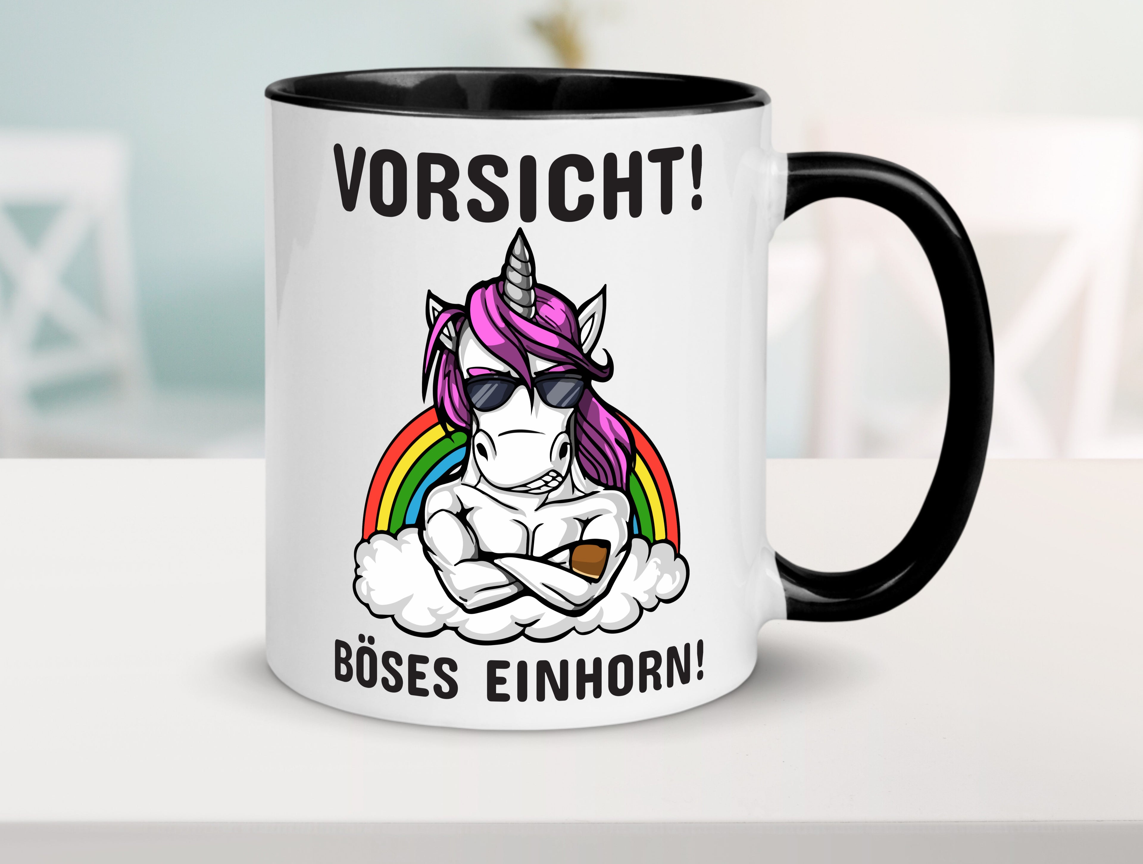 Vorsicht! Böses Einhorn | Spruchtasse | mit Motiv Tasse Weiß - Schwarz - Kaffeetasse / Geschenk / Familie