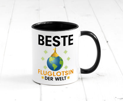 Welt Beste Fluglotsin | Flughafen | Flugverkehr Tasse Weiß - Schwarz - Kaffeetasse / Geschenk / Familie