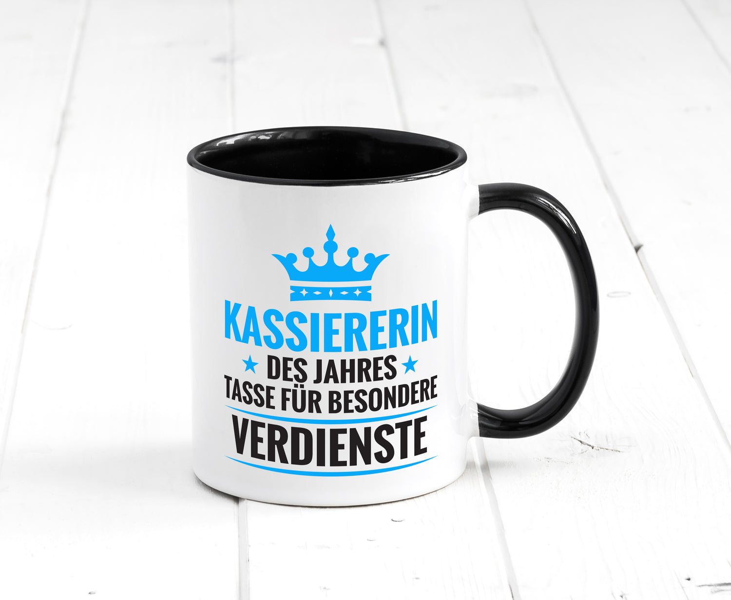 Besonderer Verdienst: Kassiererin Tasse Weiß - Schwarz - Kaffeetasse / Geschenk / Familie