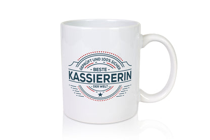 Geprüft und sicher: Kassiererin - Tasse Weiß - Kaffeetasse / Geschenk / Familie