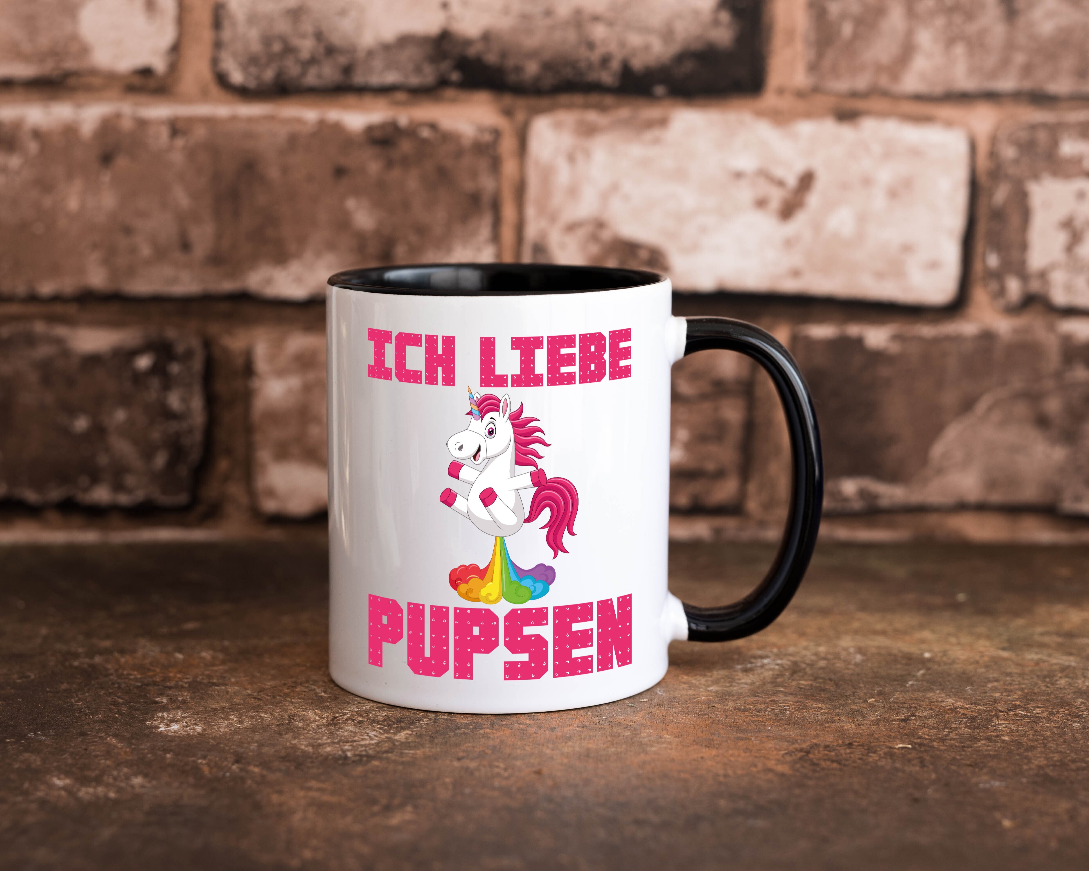 Ich liebe pupsen | Einhorn Pups | lustiger Spruch Tasse Weiß - Schwarz - Kaffeetasse / Geschenk / Familie