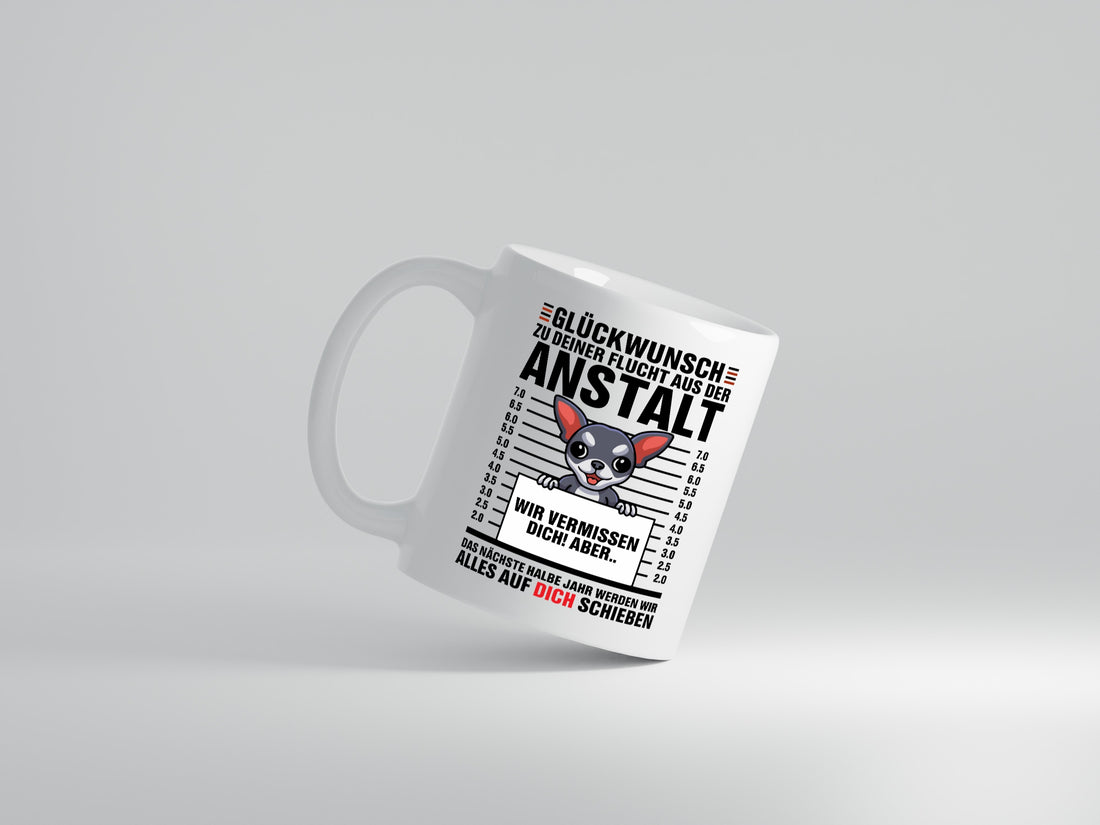 Glückwunsch zur Flucht | Abschied | Arbeitskollegen - Tasse Weiß - Kaffeetasse / Geschenk / Familie