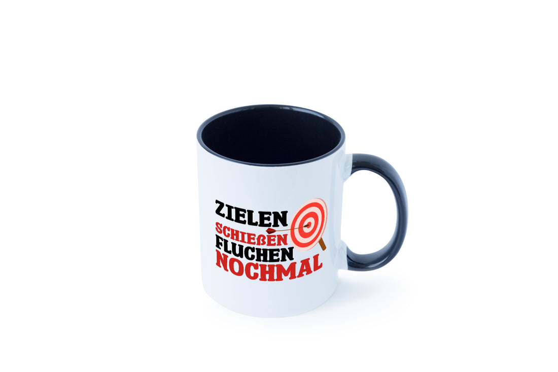 Zielen Schießen fluchen nochmal | Bogenschießen Tasse Weiß - Schwarz - Kaffeetasse / Geschenk / Familie