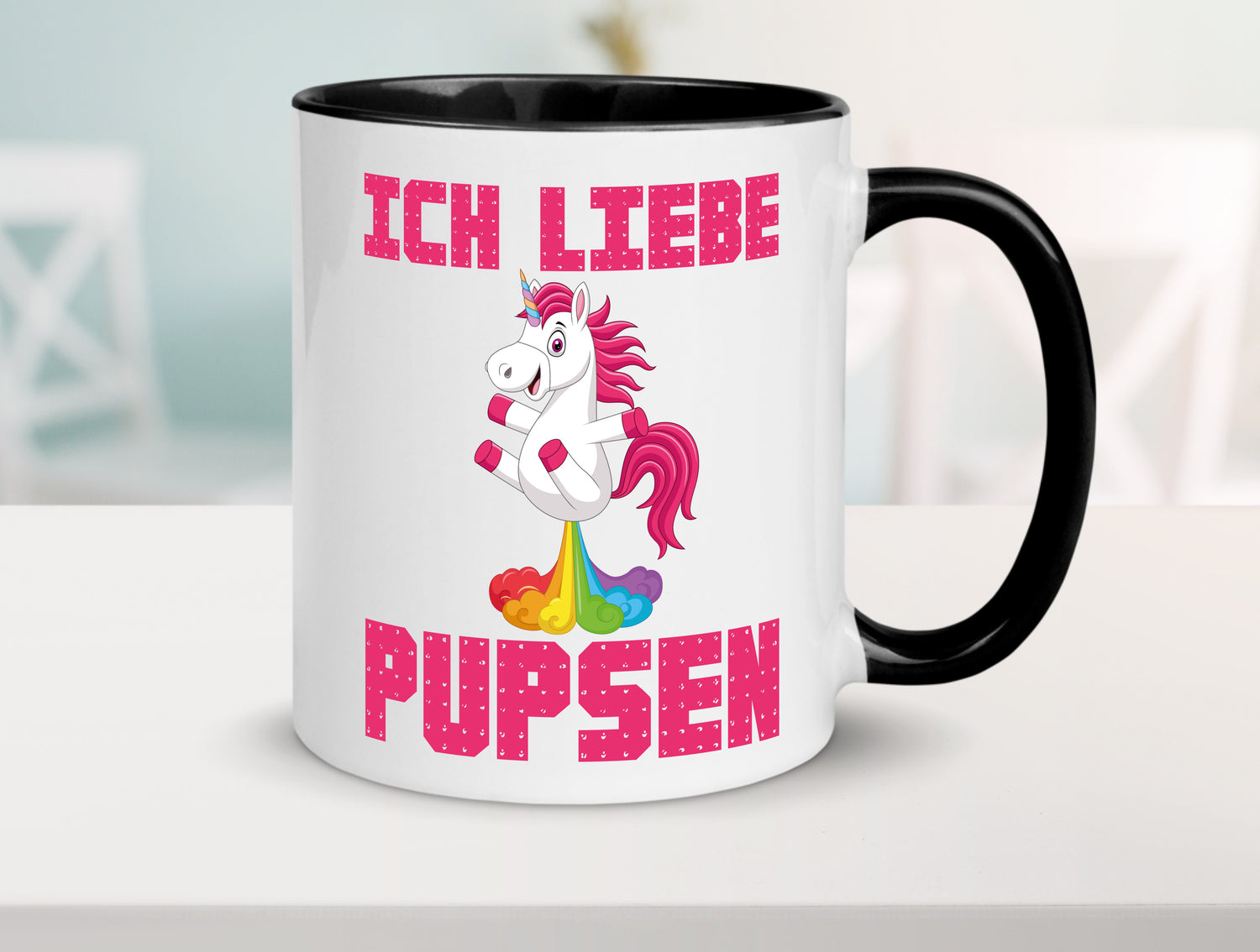 Ich liebe pupsen | Einhorn Pups | lustiger Spruch Tasse Weiß - Schwarz - Kaffeetasse / Geschenk / Familie