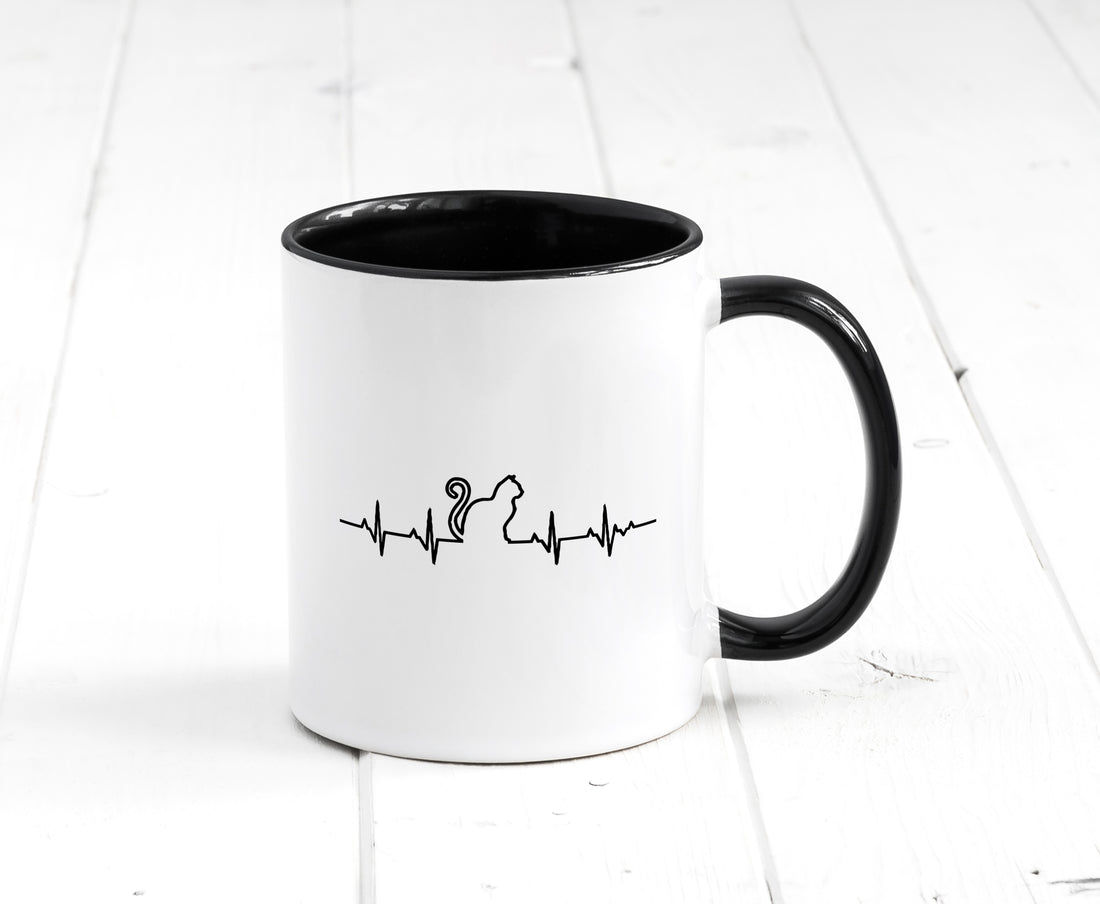 Katze Herzschlag | Tierfreund | Katzenbesitzer | Kater Tasse Weiß - Schwarz - Kaffeetasse / Geschenk / Familie