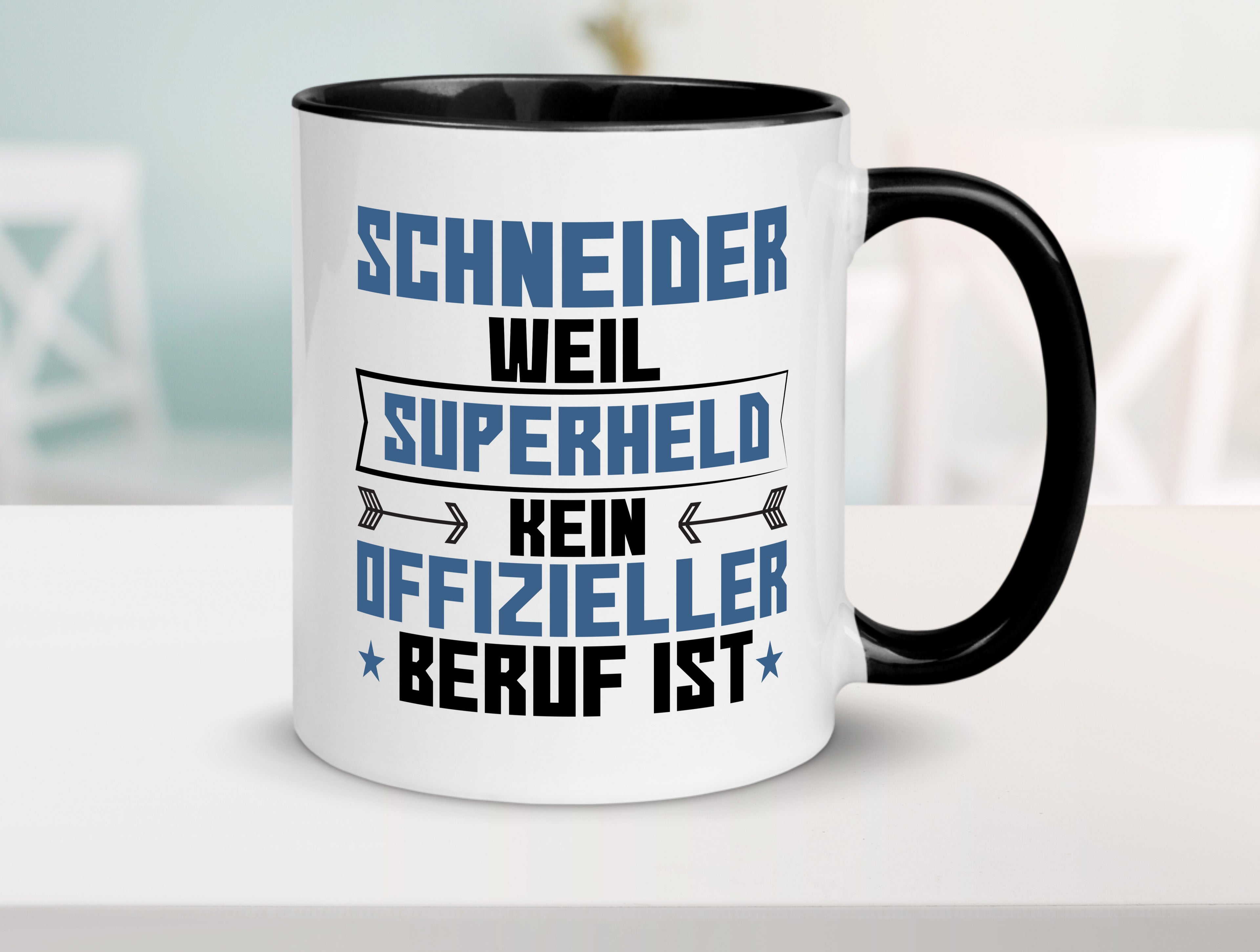 Superheld Schneider | Beruf Schneiderei Tasse Weiß - Schwarz - Kaffeetasse / Geschenk / Familie