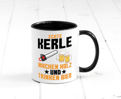 Holz machen und Bier trinken | Holzfäller | Waldarbeiter Tasse Weiß - Schwarz - Kaffeetasse / Geschenk / Familie