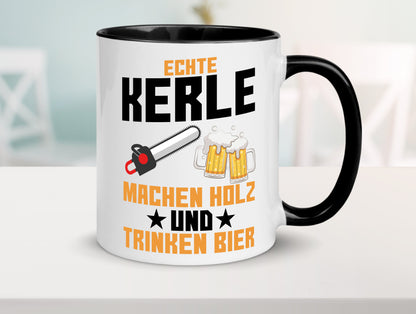 Holz machen und Bier trinken | Holzfäller | Waldarbeiter Tasse Weiß - Schwarz - Kaffeetasse / Geschenk / Familie