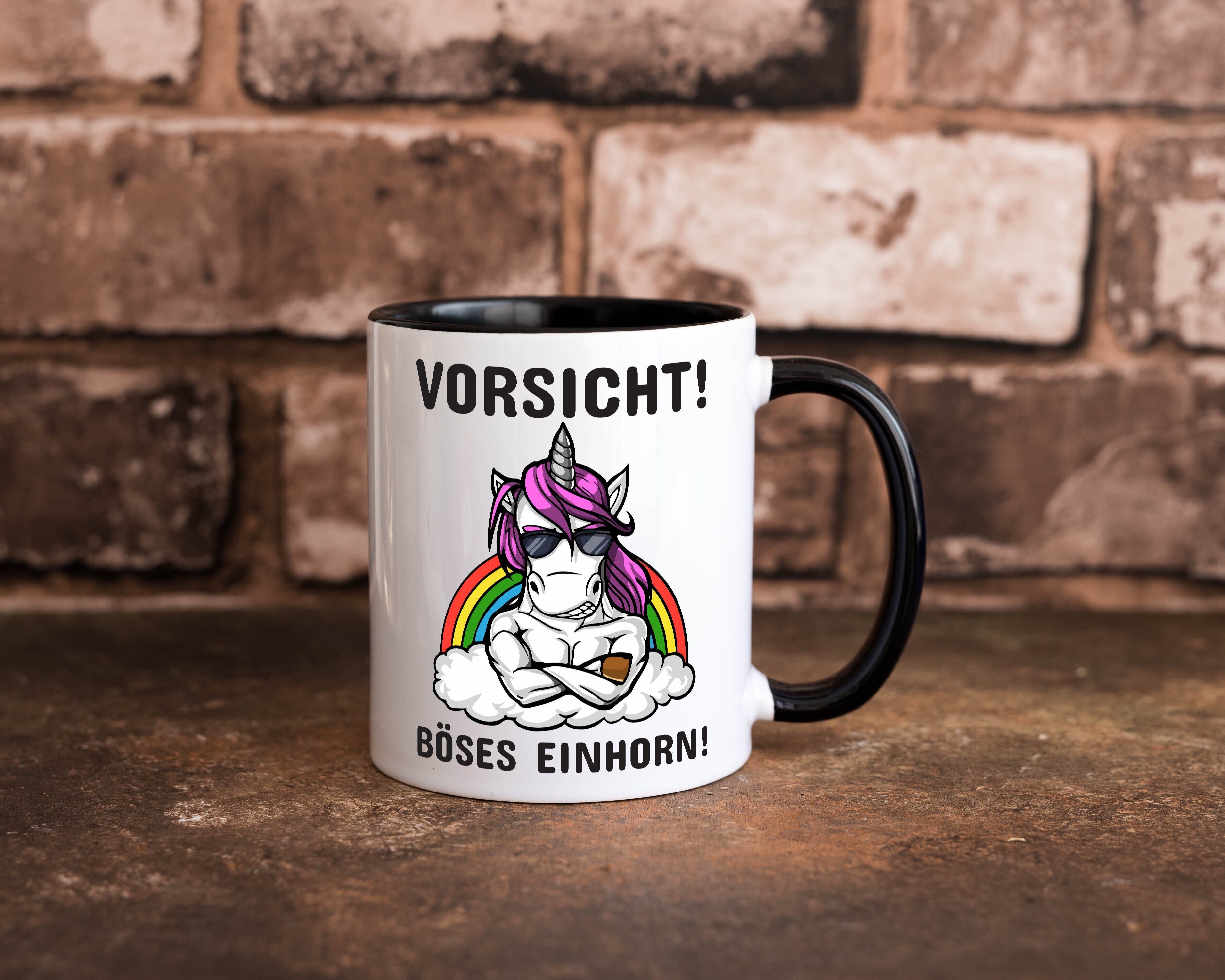 Vorsicht! Böses Einhorn | Spruchtasse | mit Motiv Tasse Weiß - Schwarz - Kaffeetasse / Geschenk / Familie