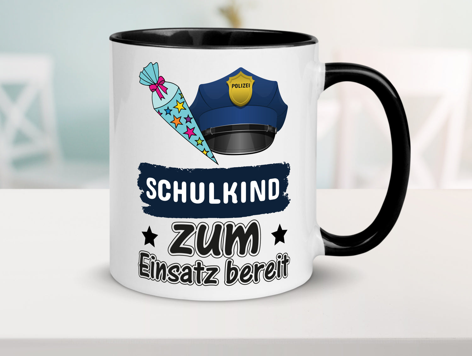 Schulkind bereit | Einschulung Tasse | Polizei | Jungs Tasse Weiß - Schwarz - Kaffeetasse / Geschenk / Familie