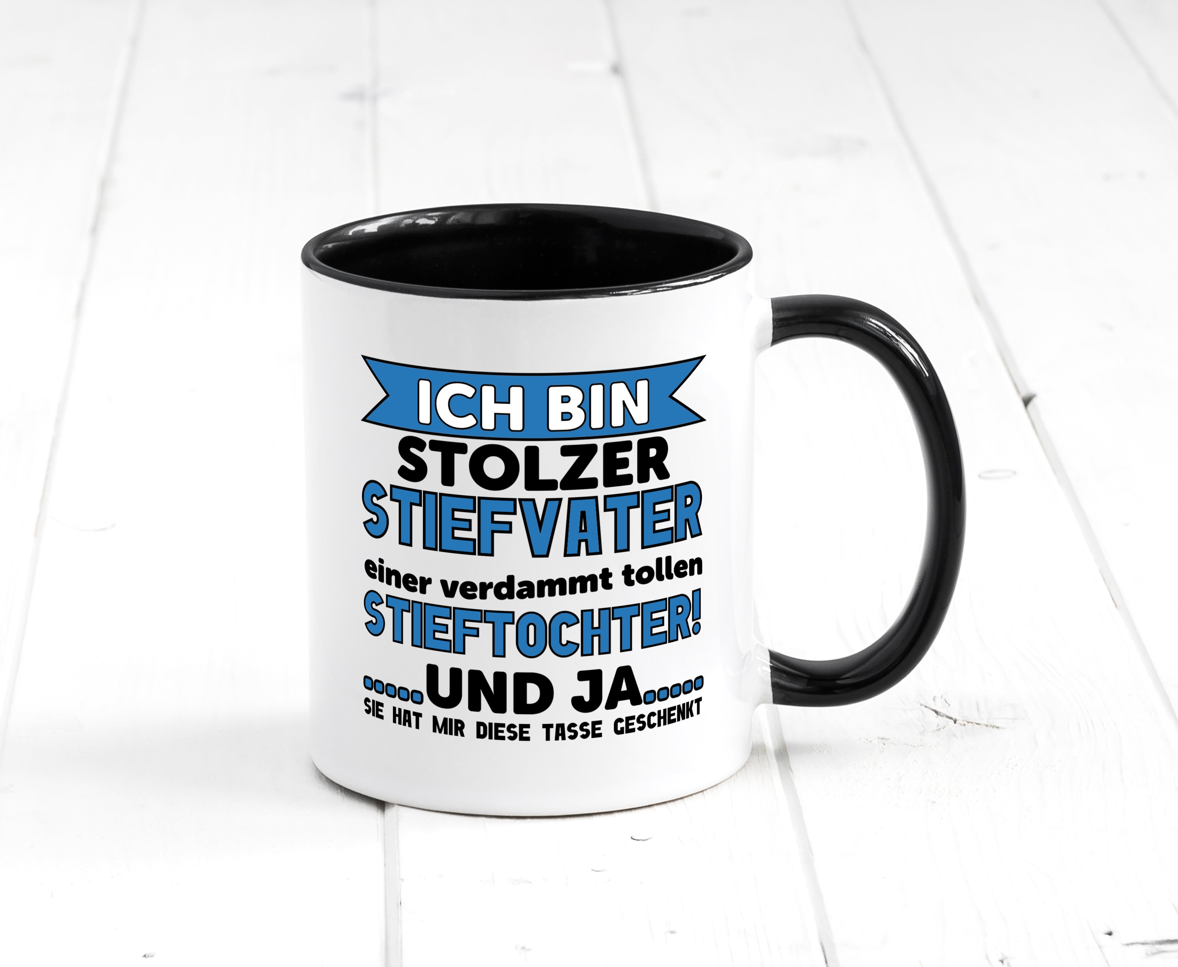 Stolzer Stiefvater | Vatertag | Spruch Stieftochter Tasse Weiß - Schwarz - Kaffeetasse / Geschenk / Familie