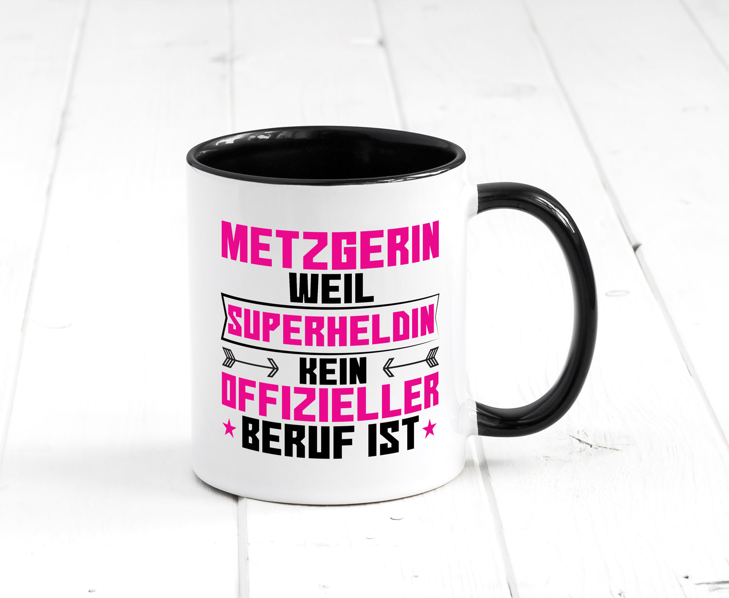 Superheldin Metzgerin | Fleischerin Tasse Weiß - Schwarz - Kaffeetasse / Geschenk / Familie