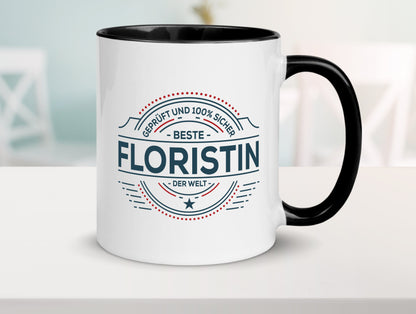 Geprüft und sicher: Floristin | Blumen Verkäuferin Tasse Weiß - Schwarz - Kaffeetasse / Geschenk / Familie
