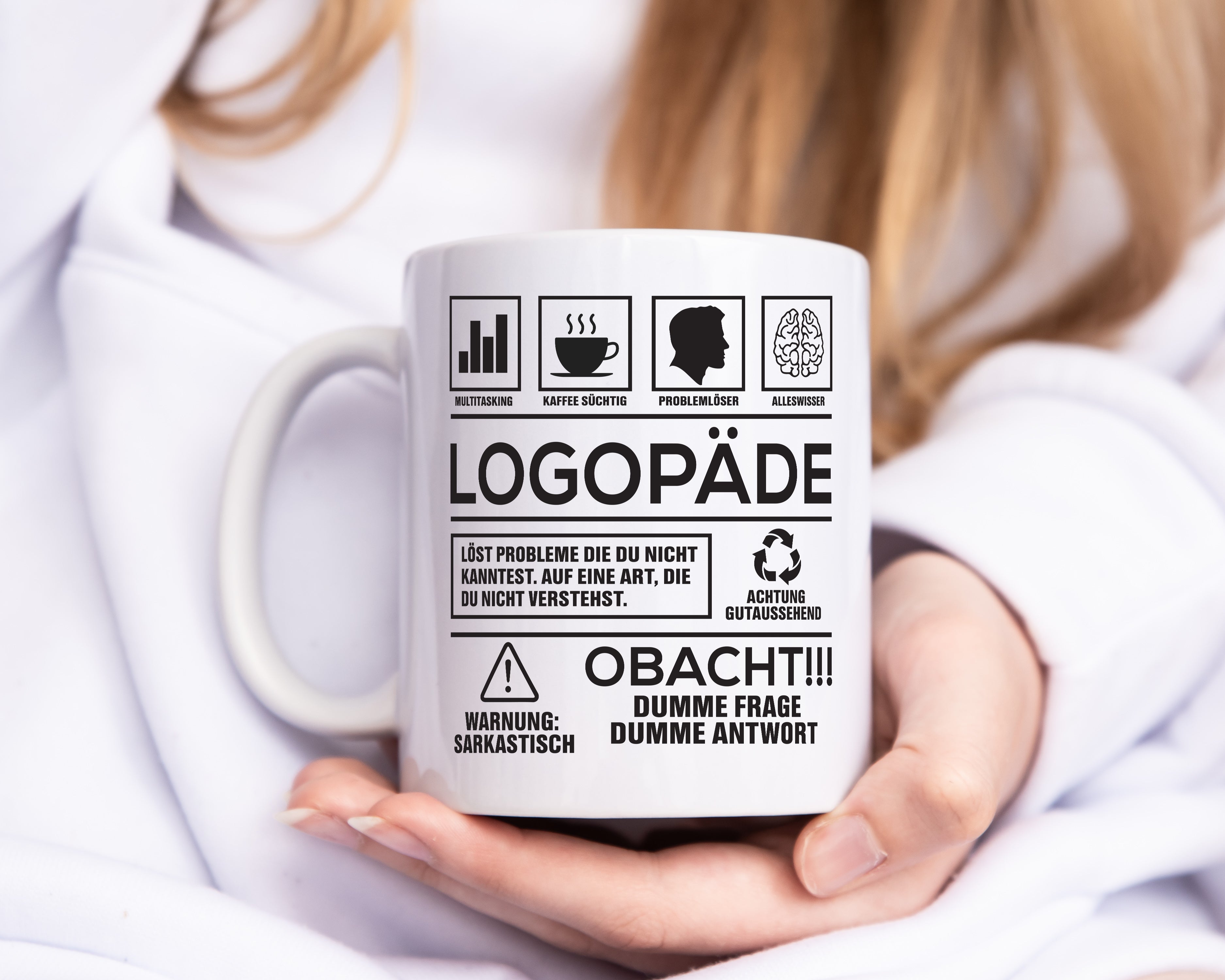 Achtung Probleme Logopäde | Sprachtherapie - Tasse Weiß - Kaffeetasse / Geschenk / Familie